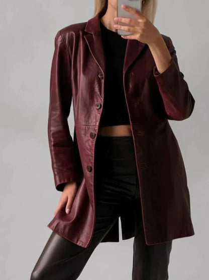 Classic Oversized Maroon Leather Coat