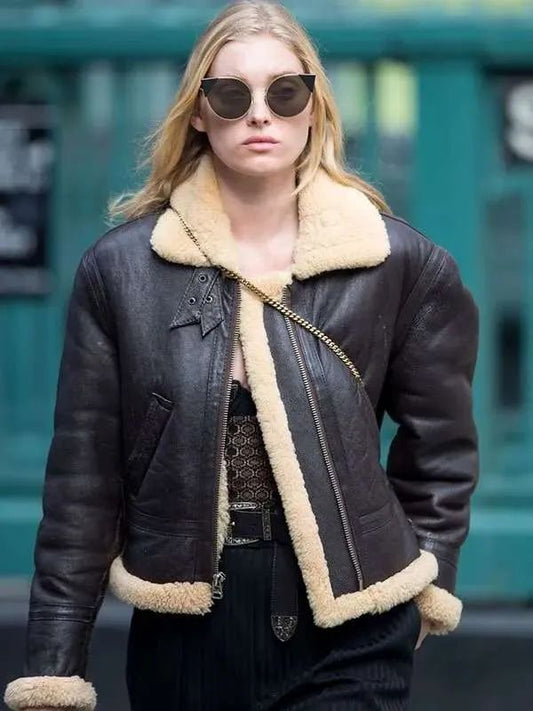 Elsa Hosk Brown B3 Shearling Leather Jacket