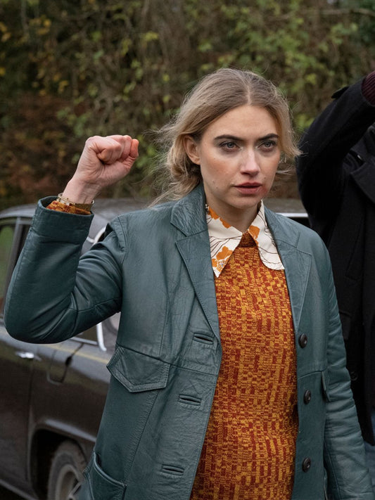 Imogen-Poots-Roses-War-Green-Leather-Coat