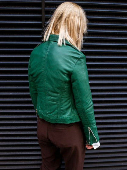 Leather Biker Jacket in Aqua Green