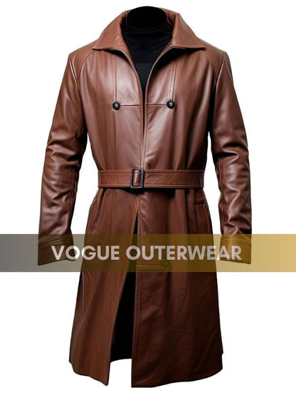 Mens Brown Belted Sheepskin Leather Trench Coat