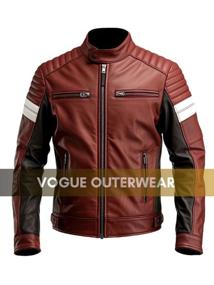 Mens Maroon Brown Biker Quilted Leather Jacket