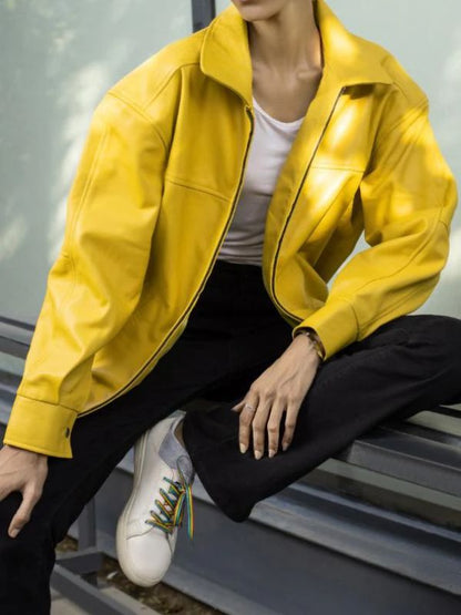 Oversized Yellow Leather bomber Jacket