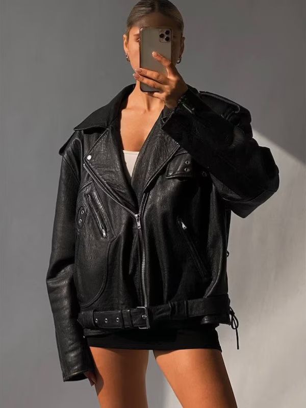 Stylish 90s Moto Biker Black Leather Jacket