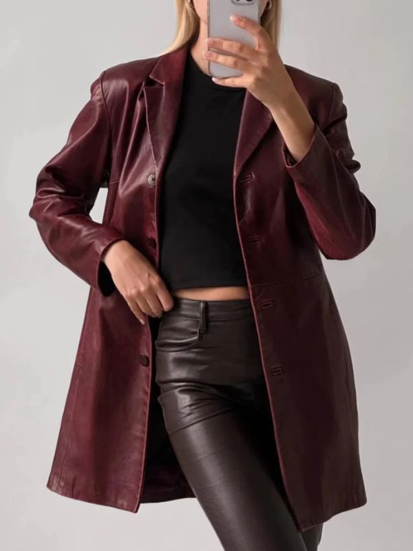 Women Oversized Maroon Leather Coat