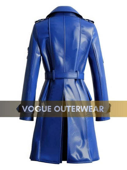 Womens Belted Leather Blue Leather Trench Coat