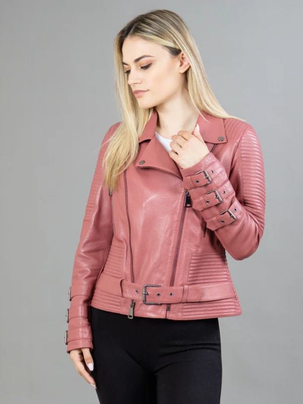 Womens Biker Pink Leather Jacket 