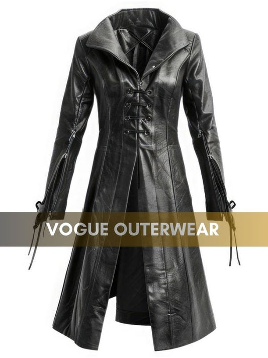 Womens Black Sheepskin Retro Leather Trench Coat