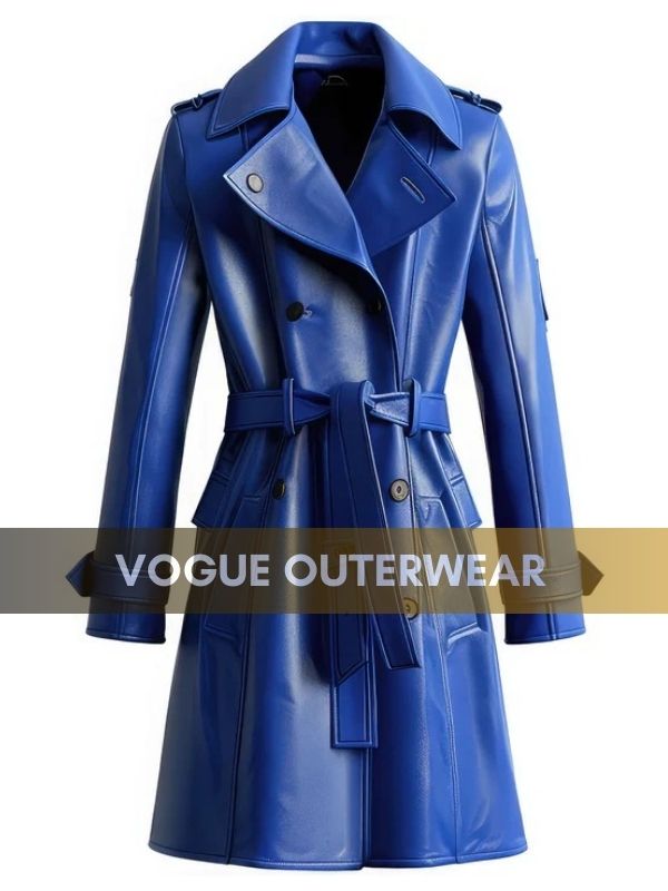 Womens Blue Sheepskin Belted Leather Trench Coat