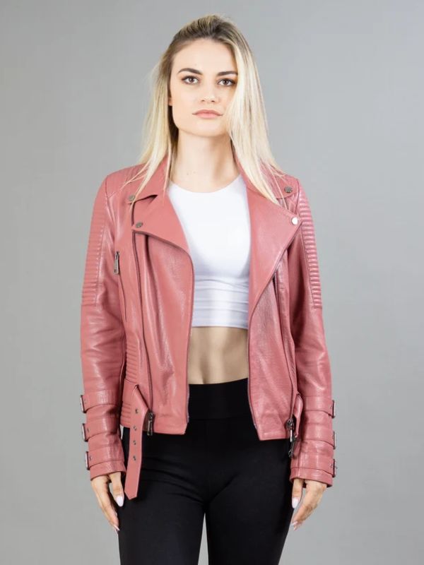 Womens Pink Leather Motorcycle Jacket